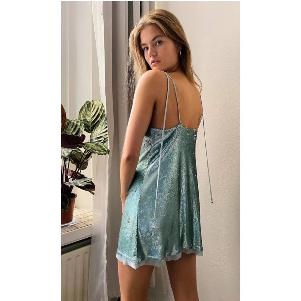 Free People Double Take Gold Rush Sequin Mini Slip Dress Green Blue - Picture 3 of 10